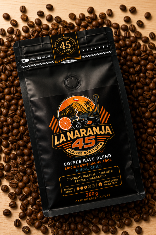 Detalle de la etiqueta La Naranja 45 Coffee Rave Blend