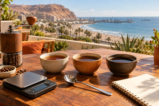 Tres tazas de café para comparar sabores ácido, equilibrado y amargo frente a la costa de Arica