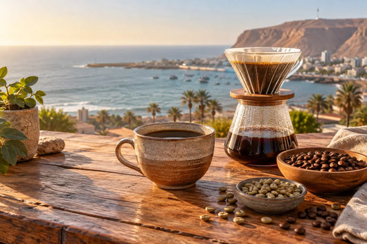 Café filtrado, granos verdes y tostados frente a la costa de Arica