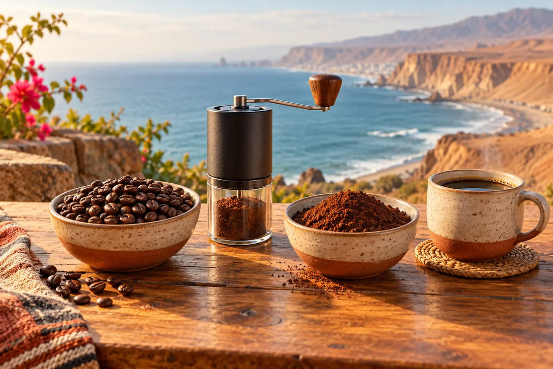 Comparación de café en grano y café molido frente a la costa de Arica