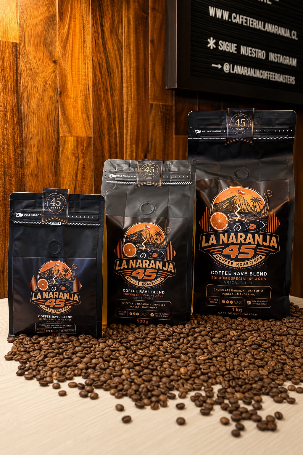 La Naranja 45 Coffee Rave Blend en formatos de 250 gramos, 500 gramos y 1 kilo